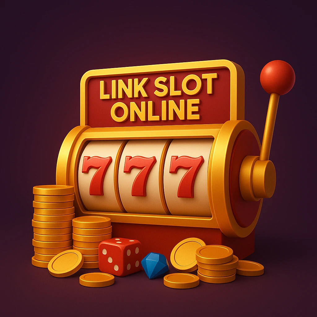 Ilustrasi 3D slot machine dengan tulisan "Link Slot Online", angka jackpot 777, tumpukan koin emas, dadu, dan permata biru di latar gelap elegan.
