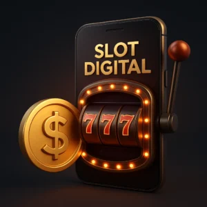 Smartphone modern menampilkan slot digital gacor dengan simbol 777 dan koin emas bercahaya di layar elegan.