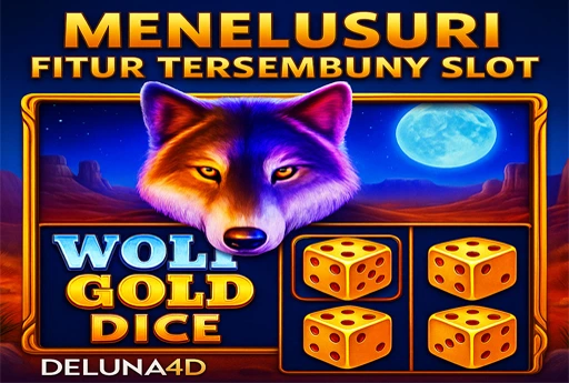 3D ilustrasi slot online Wolf Gold Dice di platform DELUNA4D dengan simbol serigala dan efek fitur tersembunyi