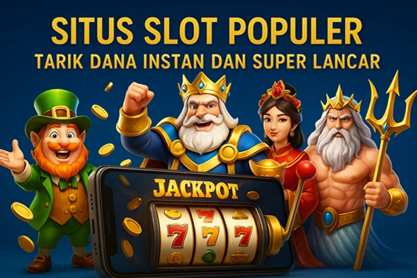 Ilustrasi 3D Situs Slot Populer dengan mesin slot 777 emas, koin berhamburan, dan karakter fantasi elegan, menggambarkan tarik dana instan dan super lancar