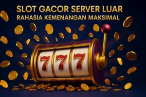 Mesin slot gacor server luar 3D dengan simbol 777 dan koin emas berhamburan di latar biru elegan